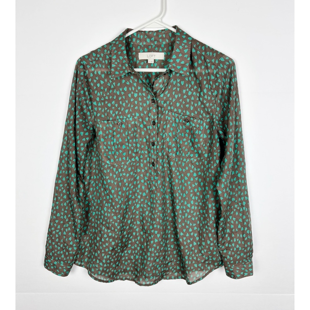 Loft Popover Top Size Small Brown Turquoise Heart Print Long Sleeve